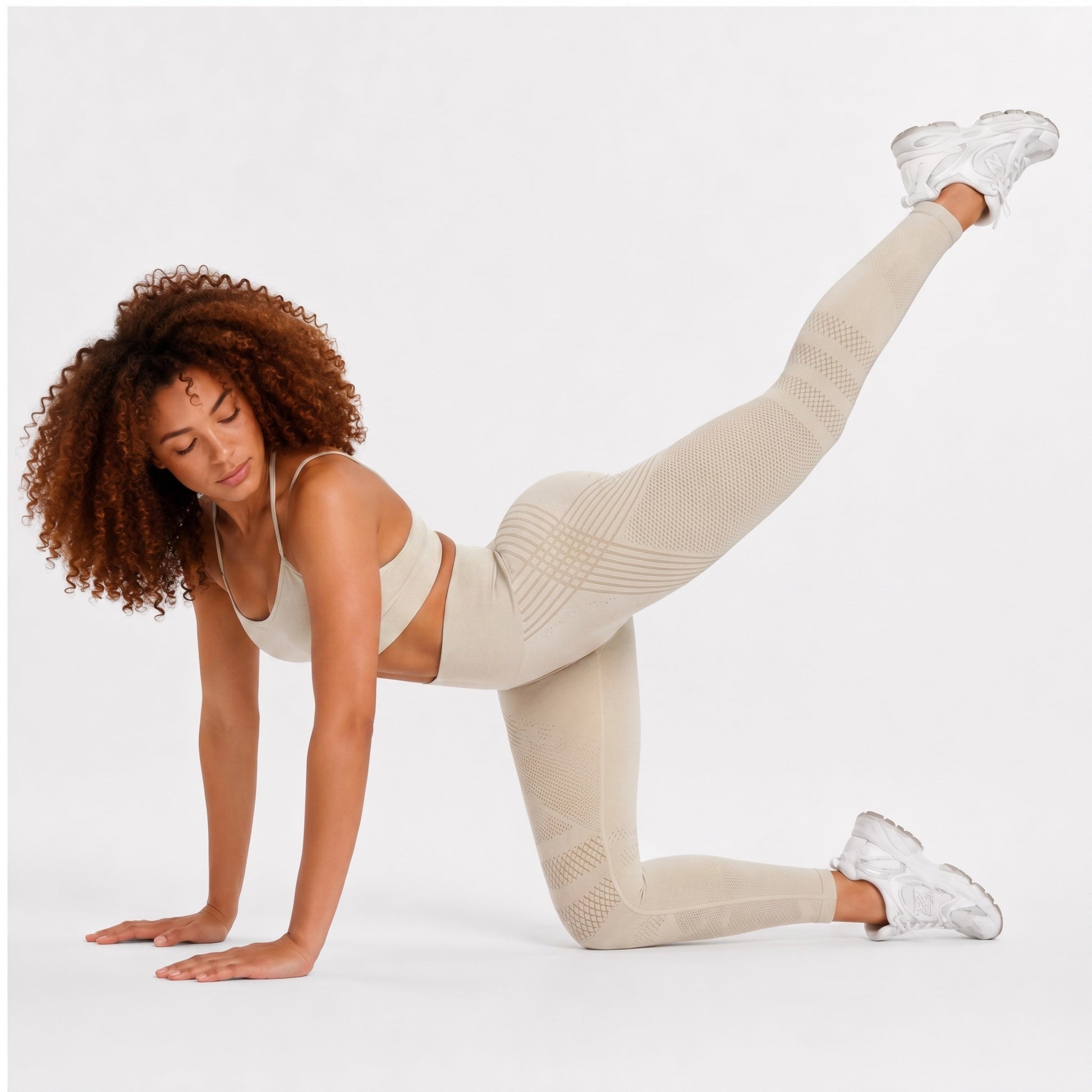 Woman in apricot anti-cellulite leggings